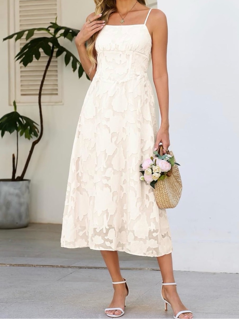 NWT Cream Jacquard-Style Dress with Adjustable Spaghetti Straps